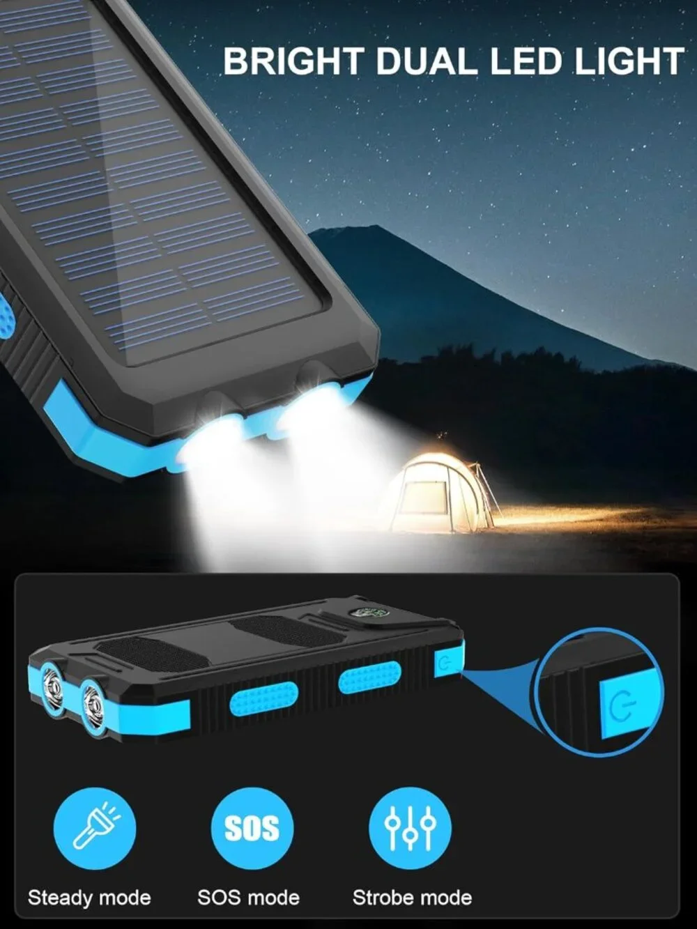 Solar Power Bank Charger, Flashlight, Compass- NEW